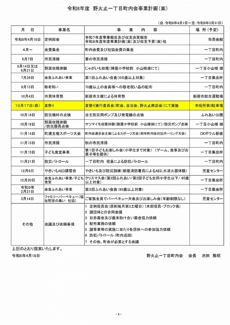 野火止一丁目町内会　令和８年度事業計画